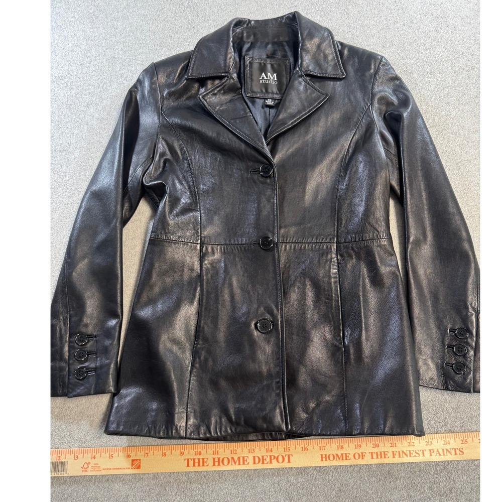 AM Studio Leather Blazer Jacket Womens XS Black Excellent 3-Button Tailored Coat